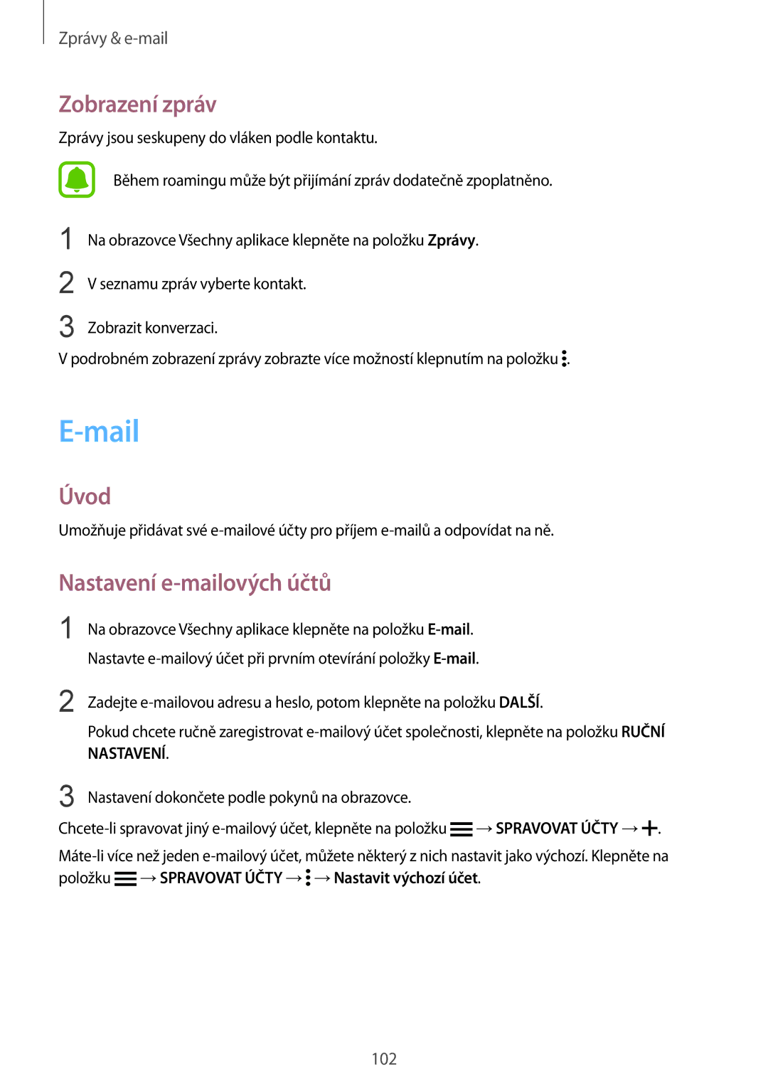 Samsung SM-N915FZKYETL, SM-N915FZWYEUR, SM-N915FZKYATO, SM-N915FZWYXEO Mail, Zobrazení zpráv, Nastavení e-mailových účtů 