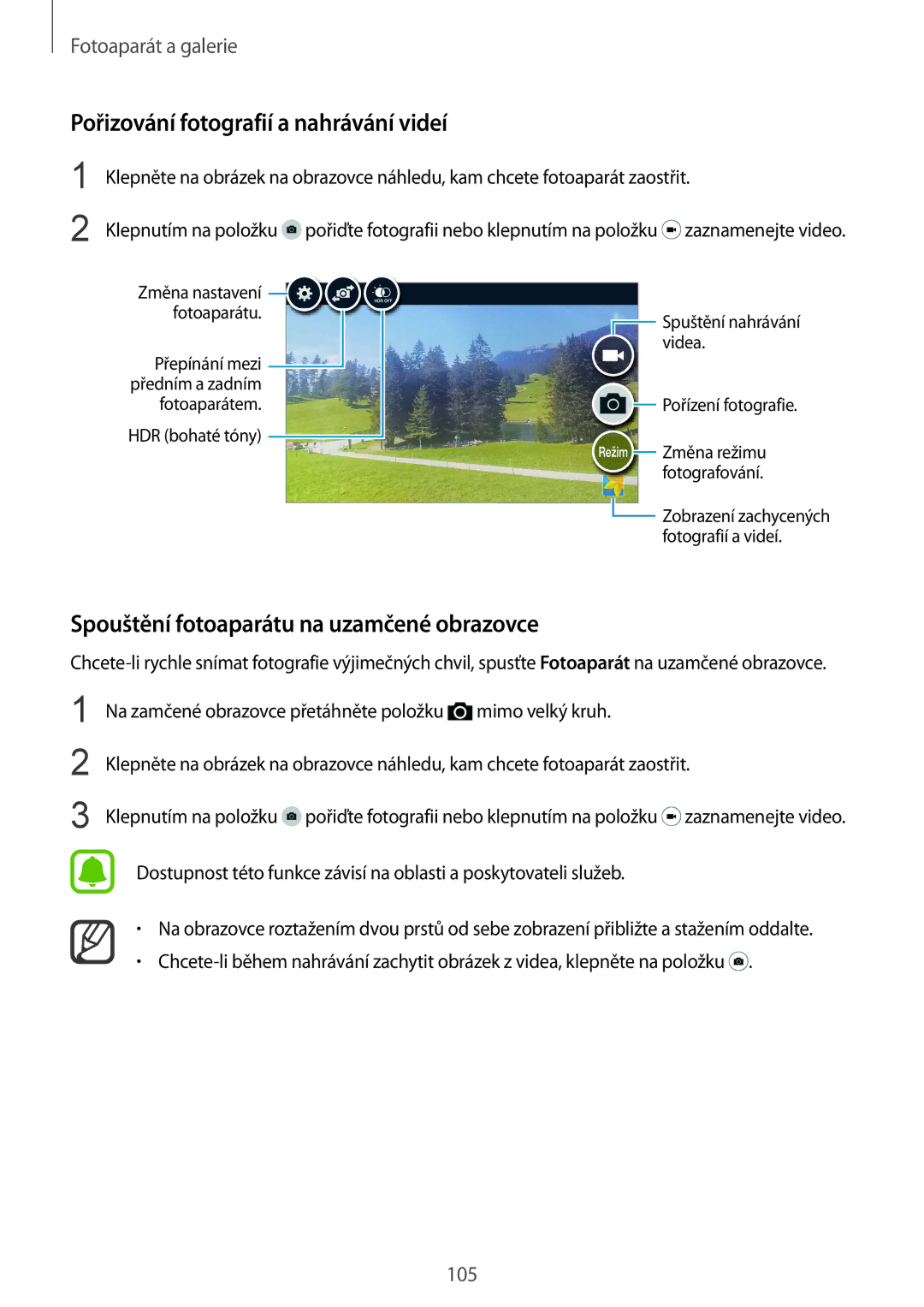 Samsung SM-N915FZKYATO manual Pořizování fotografií a nahrávání videí, Spouštění fotoaparátu na uzamčené obrazovce 