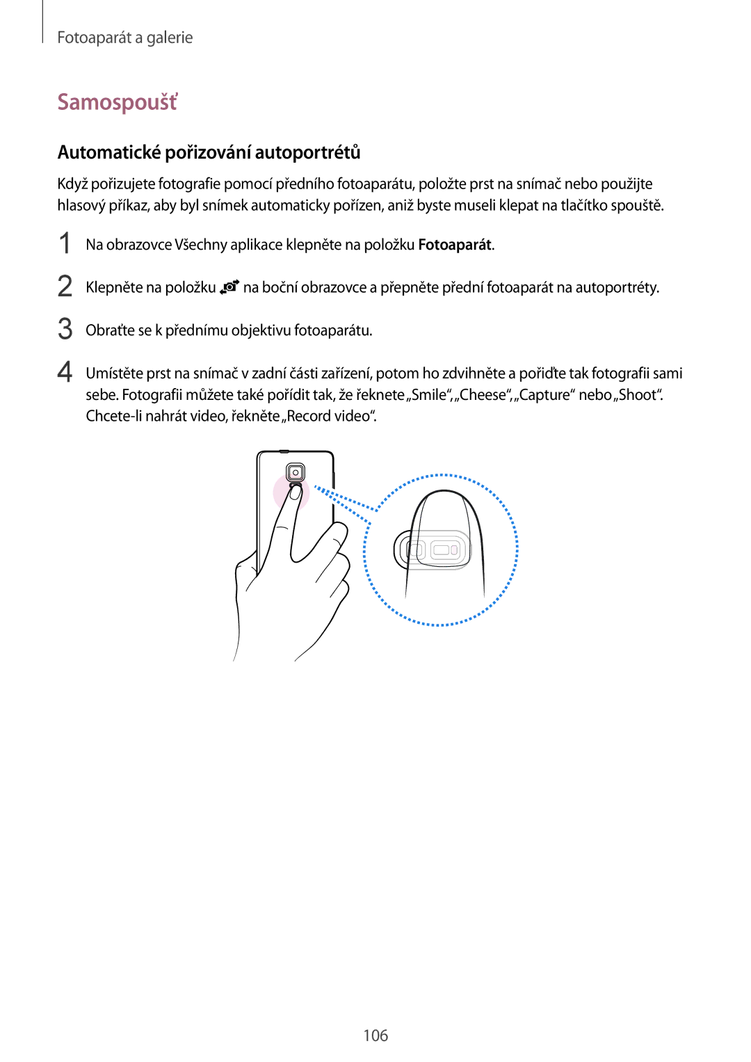 Samsung SM-N915FZWYXEO, SM-N915FZWYEUR, SM-N915FZKYATO, SM-N915FZKYEUR manual Samospoušť, Automatické pořizování autoportrétů 