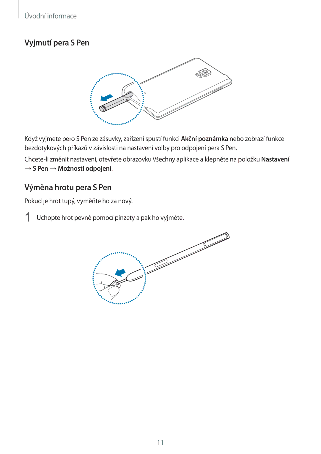 Samsung SM-N915FZKYETL, SM-N915FZWYEUR manual Vyjmutí pera S Pen, Výměna hrotu pera S Pen, → S Pen →Možnosti odpojení 