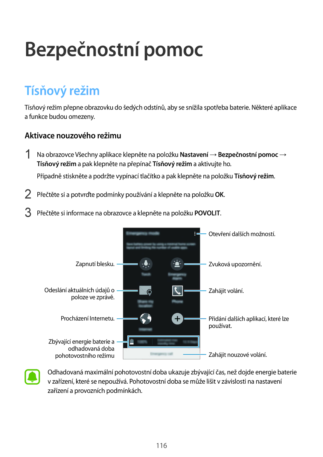 Samsung SM-N915FZKYXEH, SM-N915FZWYEUR, SM-N915FZKYATO manual Bezpečnostní pomoc, Tísňový režim, Aktivace nouzového režimu 