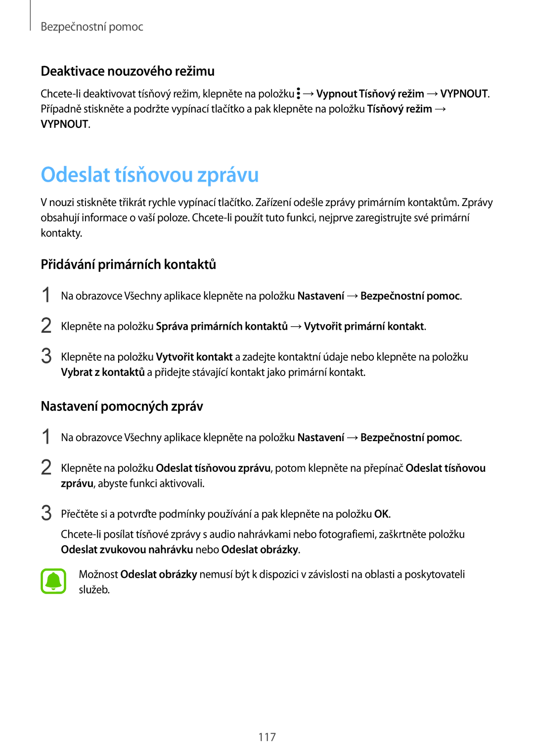 Samsung SM-N915FZWYEUR, SM-N915FZKYATO Odeslat tísňovou zprávu, Deaktivace nouzového režimu, Přidávání primárních kontaktů 