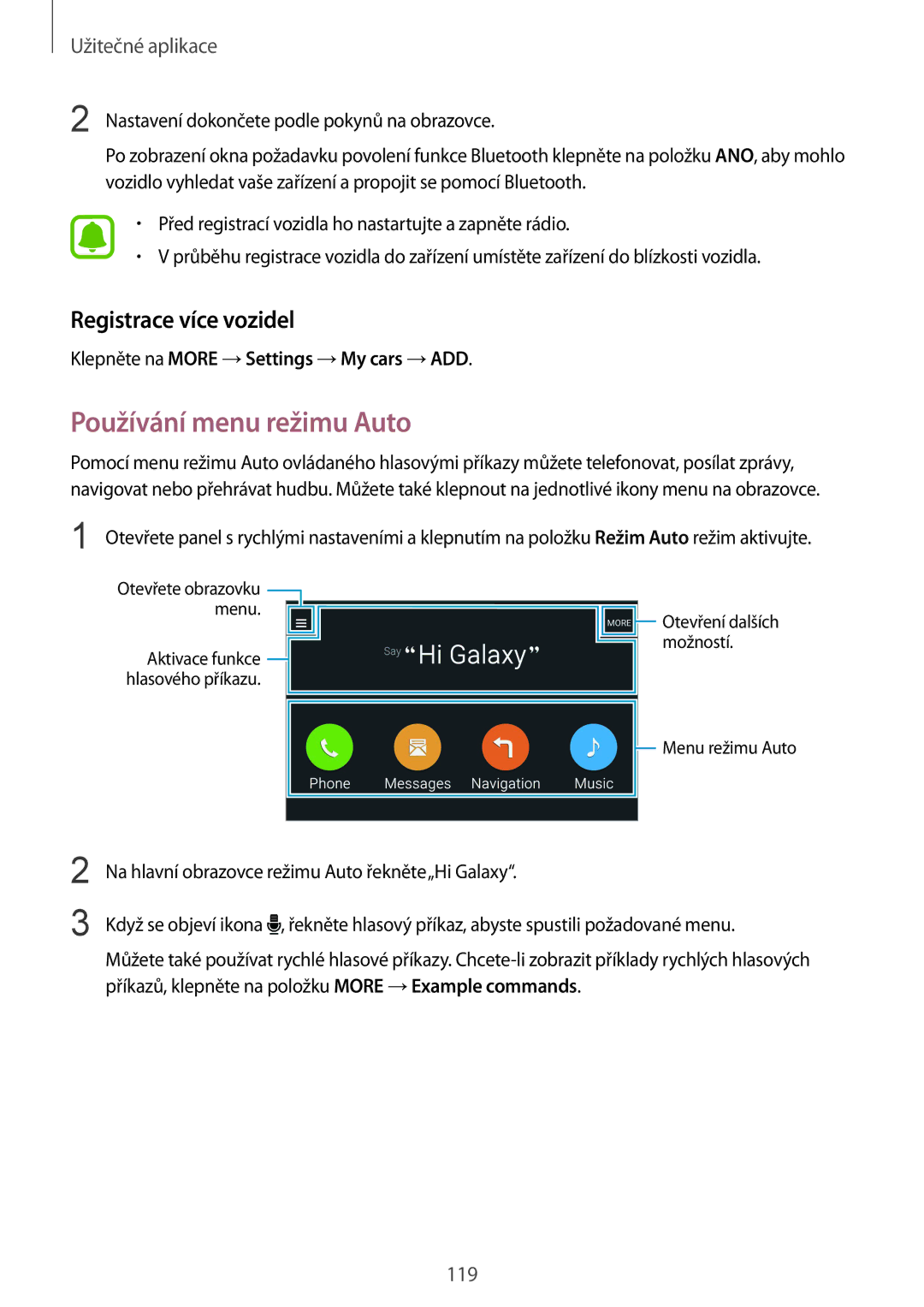 Samsung SM-N915FZWYXEO manual Používání menu režimu Auto, Registrace více vozidel, Klepněte na More →Settings →My cars →ADD 