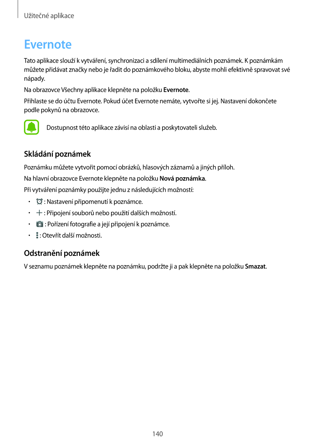 Samsung SM-N915FZWYAUT, SM-N915FZWYEUR, SM-N915FZKYATO, SM-N915FZWYXEO manual Evernote, Skládání poznámek, Odstranění poznámek 