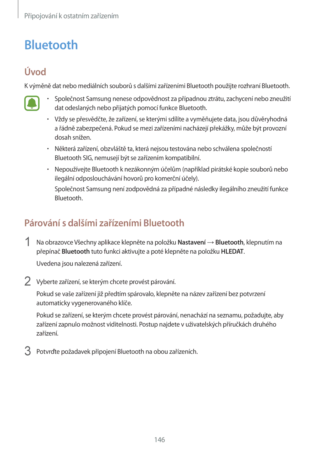 Samsung SM-N915FZKYEUR, SM-N915FZWYEUR, SM-N915FZKYATO, SM-N915FZWYXEO manual Párování s dalšími zařízeními Bluetooth 