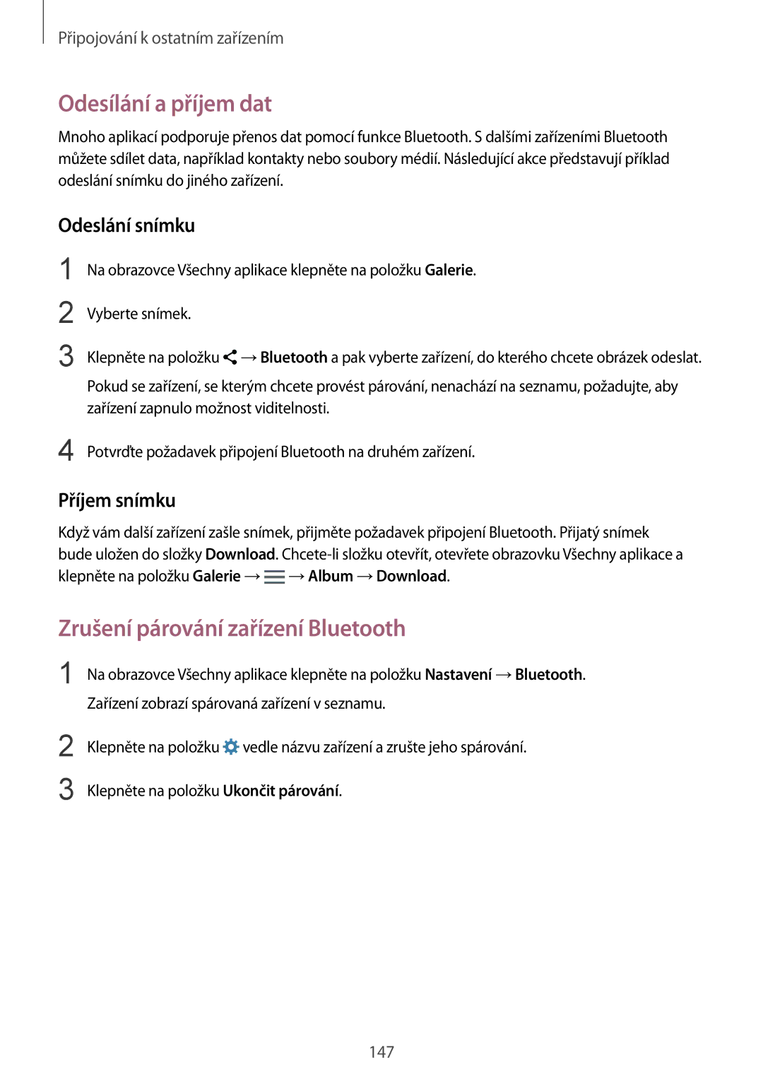 Samsung SM-N915FZWYATO manual Odesílání a příjem dat, Zrušení párování zařízení Bluetooth, Odeslání snímku, Příjem snímku 