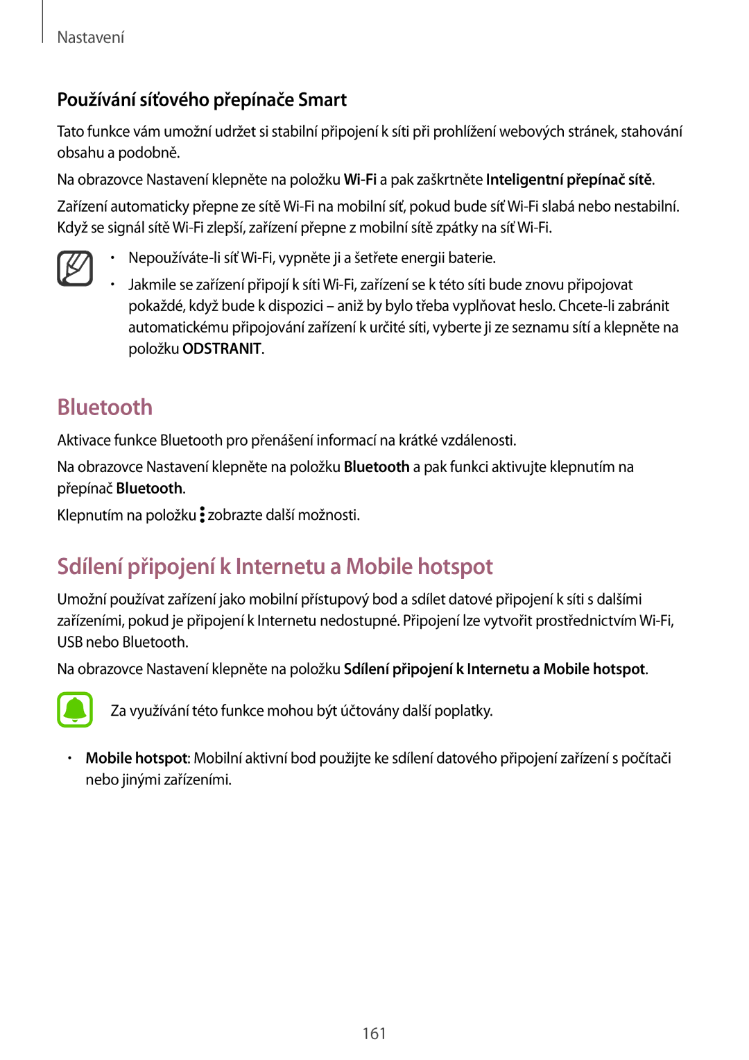 Samsung SM-N915FZKYXEO manual Bluetooth, Sdílení připojení k Internetu a Mobile hotspot, Používání síťového přepínače Smart 