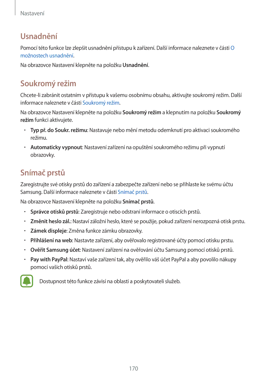 Samsung SM-N915FZKYATO, SM-N915FZWYEUR, SM-N915FZWYXEO, SM-N915FZKYEUR manual Usnadnění, Soukromý režim, Snímač prstů 