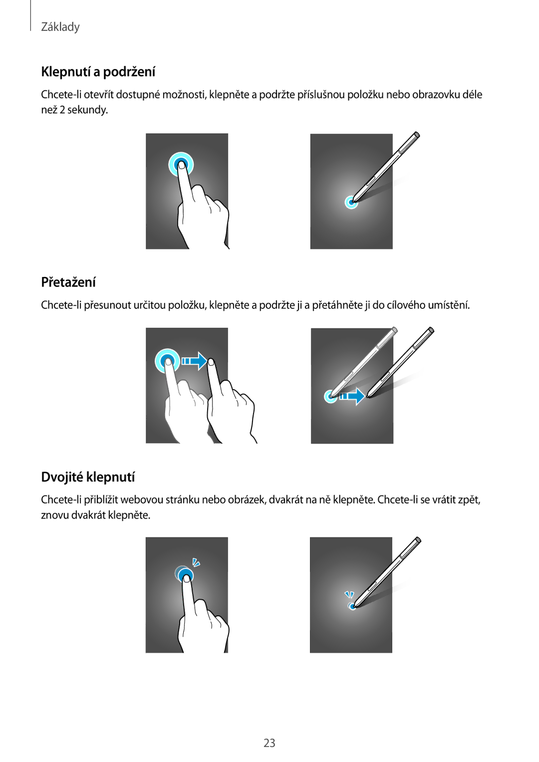 Samsung SM-N915FZWYAUT, SM-N915FZWYEUR, SM-N915FZKYATO, SM-N915FZWYXEO manual Klepnutí a podržení, Přetažení, Dvojité klepnutí 