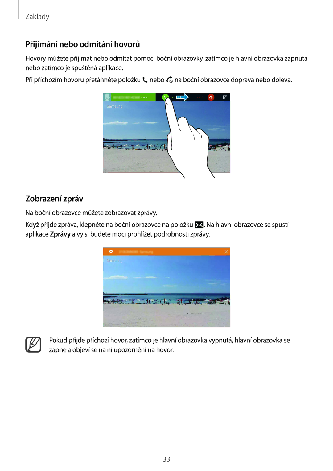 Samsung SM-N915FZWYXEH, SM-N915FZWYEUR, SM-N915FZKYATO, SM-N915FZWYXEO manual Přijímání nebo odmítání hovorů, Zobrazení zpráv 