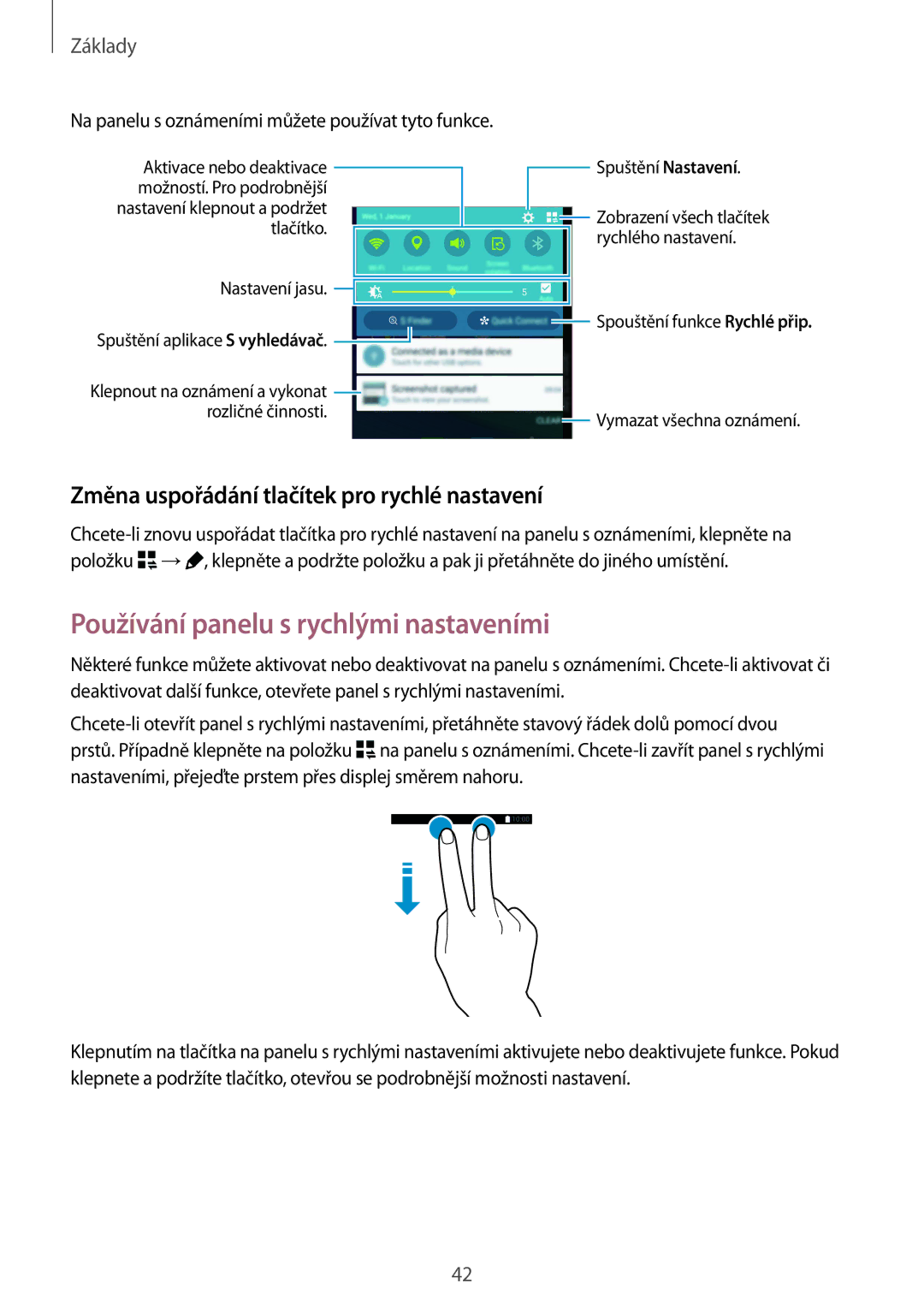 Samsung SM-N915FZKYEUR manual Používání panelu s rychlými nastaveními, Změna uspořádání tlačítek pro rychlé nastavení 