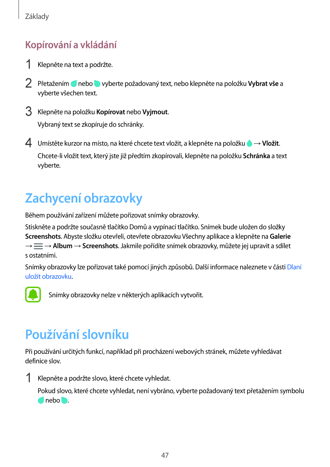 Samsung SM-N915FZWYORX, SM-N915FZWYEUR, SM-N915FZKYATO manual Zachycení obrazovky, Používání slovníku, Kopírování a vkládání 