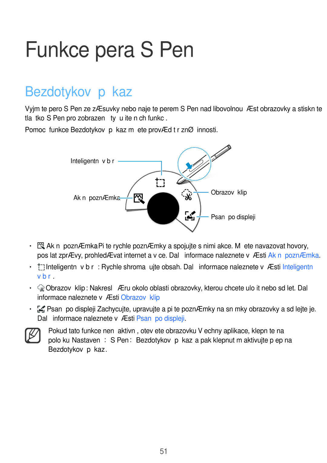 Samsung SM-N915FZKYXEH, SM-N915FZWYEUR, SM-N915FZKYATO, SM-N915FZWYXEO, SM-N915FZKYEUR Funkce pera S Pen, Bezdotykový příkaz 