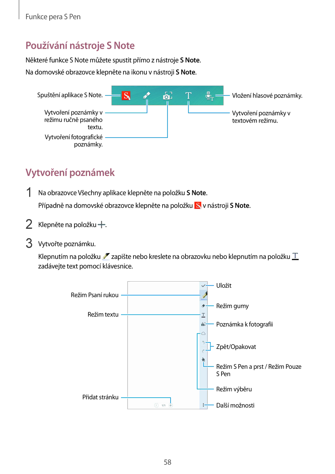 Samsung SM-N915FZKYAUT, SM-N915FZWYEUR, SM-N915FZKYATO, SM-N915FZWYXEO manual Používání nástroje S Note, Vytvoření poznámek 