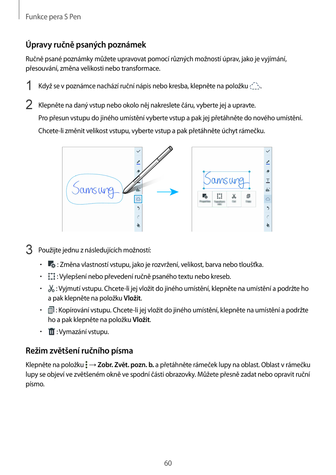 Samsung SM-N915FZWYORX, SM-N915FZWYEUR, SM-N915FZKYATO manual Úpravy ručně psaných poznámek, Režim zvětšení ručního písma 