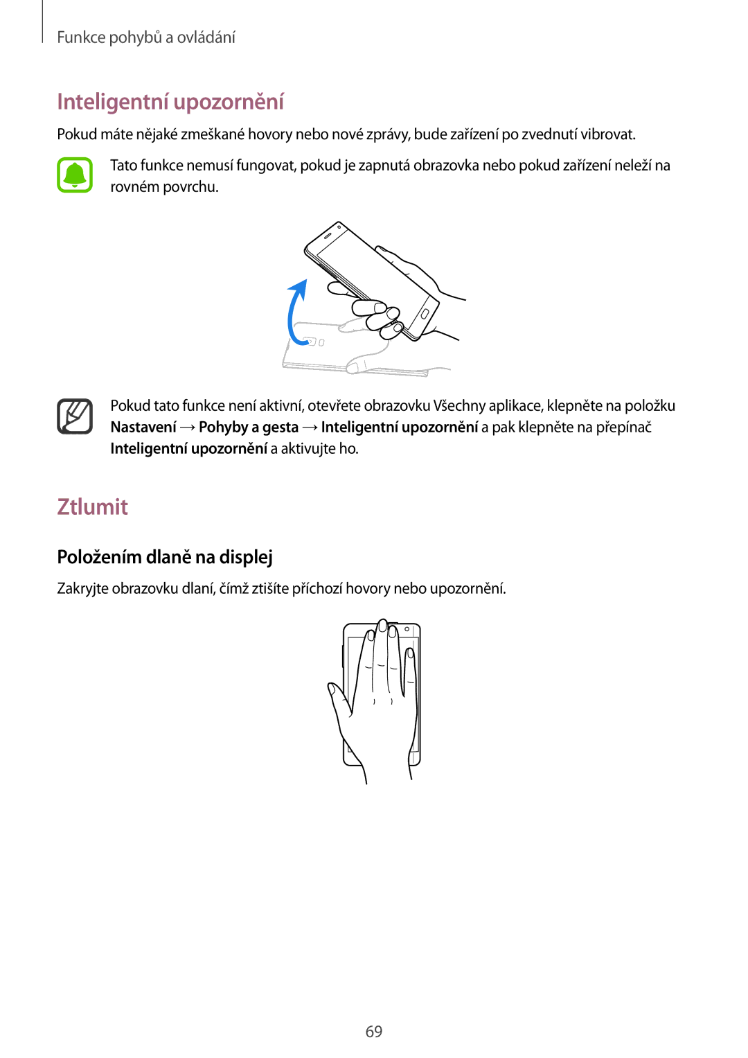 Samsung SM-N915FZWYATO, SM-N915FZWYEUR, SM-N915FZKYATO manual Inteligentní upozornění, Ztlumit, Položením dlaně na displej 