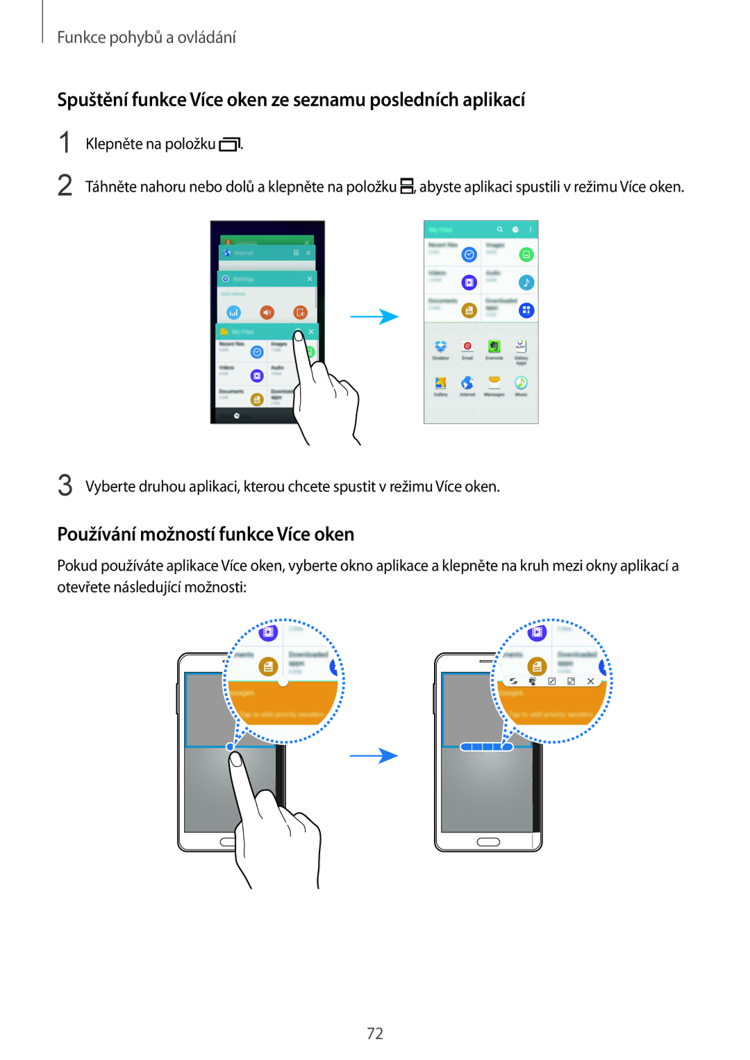 Samsung SM-N915FZWYXEH manual Spuštění funkce Více oken ze seznamu posledních aplikací, Používání možností funkce Více oken 