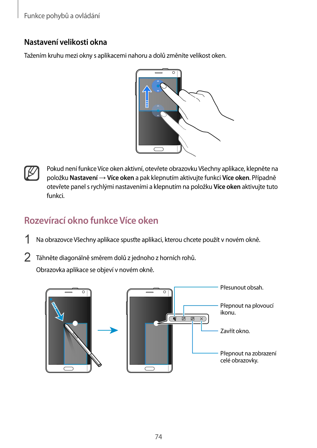 Samsung SM-N915FZKYORX, SM-N915FZWYEUR, SM-N915FZKYATO manual Rozevírací okno funkce Více oken, Nastavení velikosti okna 