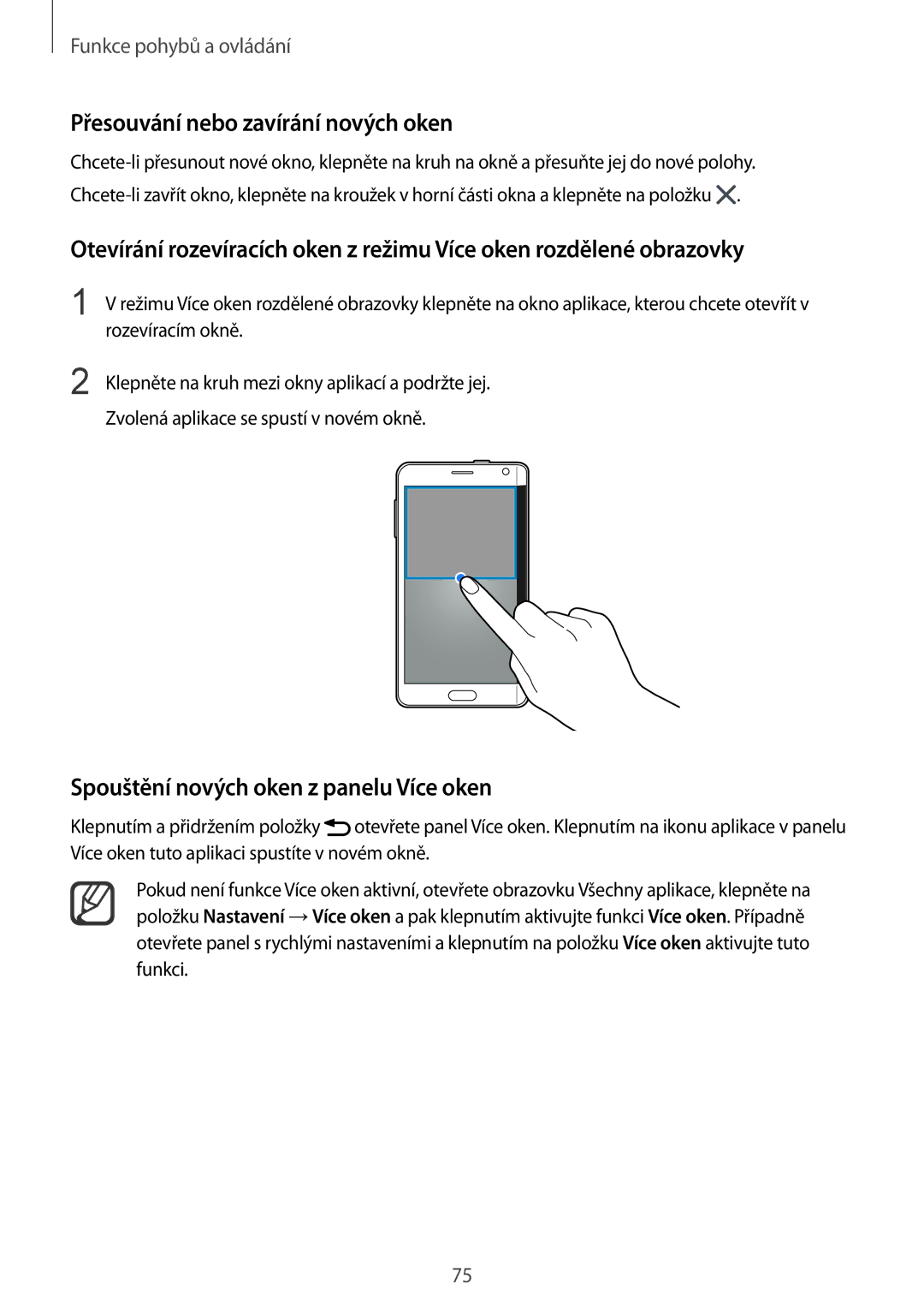 Samsung SM-N915FZWYAUT, SM-N915FZWYEUR manual Přesouvání nebo zavírání nových oken, Spouštění nových oken z panelu Více oken 