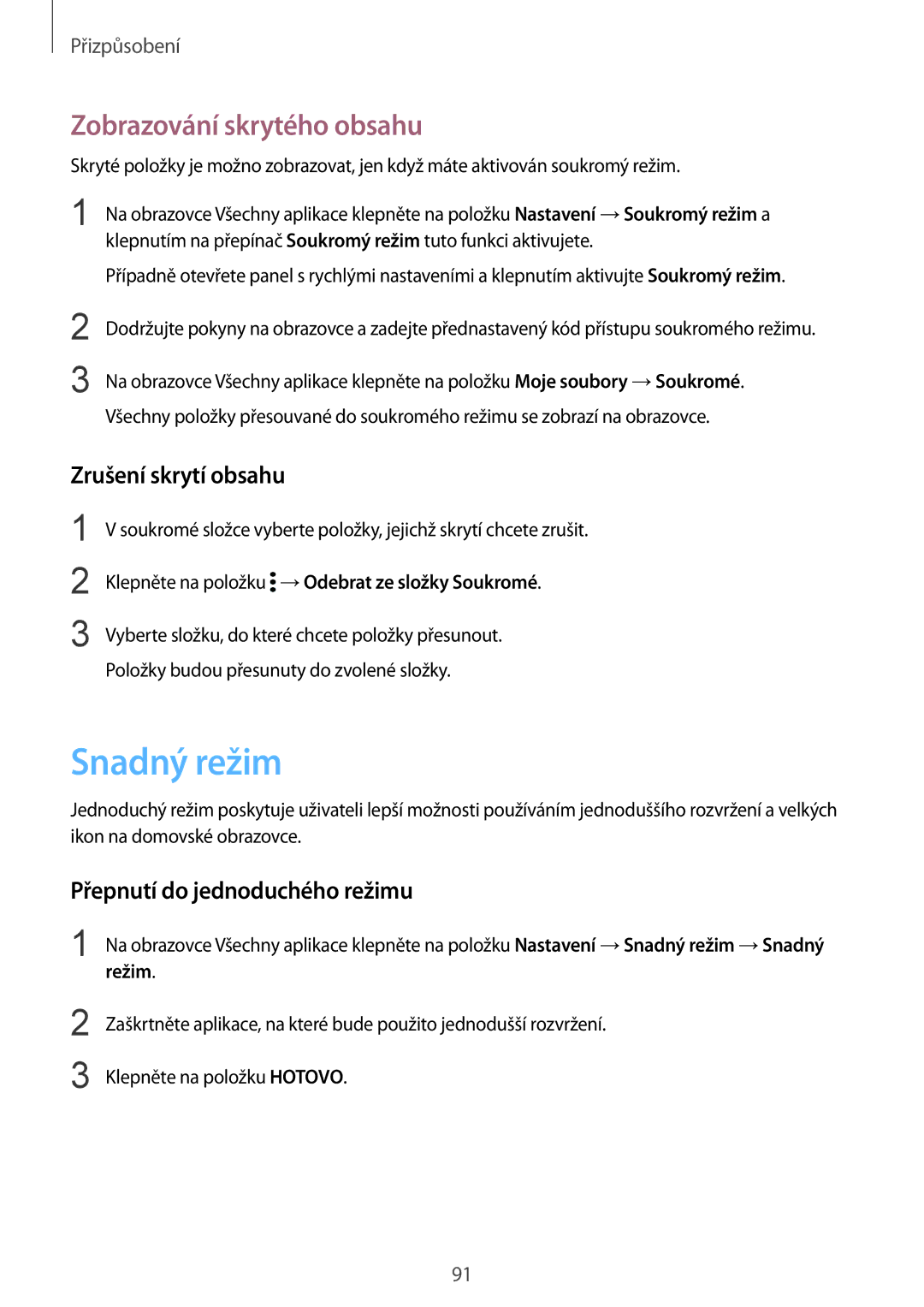 Samsung SM-N915FZWYEUR Snadný režim, Zobrazování skrytého obsahu, Zrušení skrytí obsahu, Přepnutí do jednoduchého režimu 