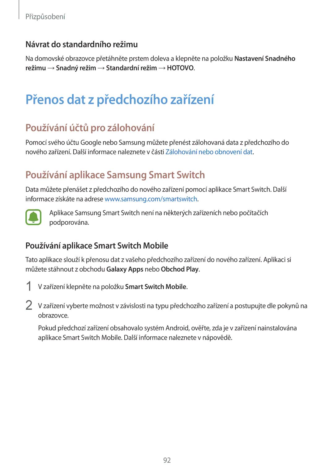 Samsung SM-N915FZKYATO Přenos dat z předchozího zařízení, Používání účtů pro zálohování, Návrat do standardního režimu 