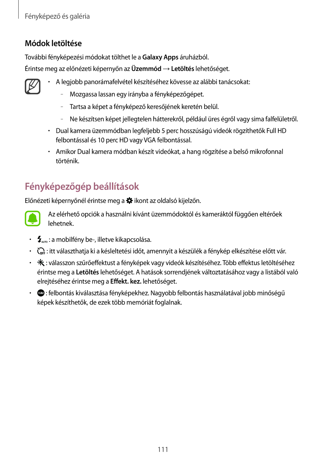 Samsung SM-N915FZWYXEH, SM-N915FZWYEUR, SM-N915FZKYATO, SM-N915FZWYXEO manual Fényképezőgép beállítások, Módok letöltése 