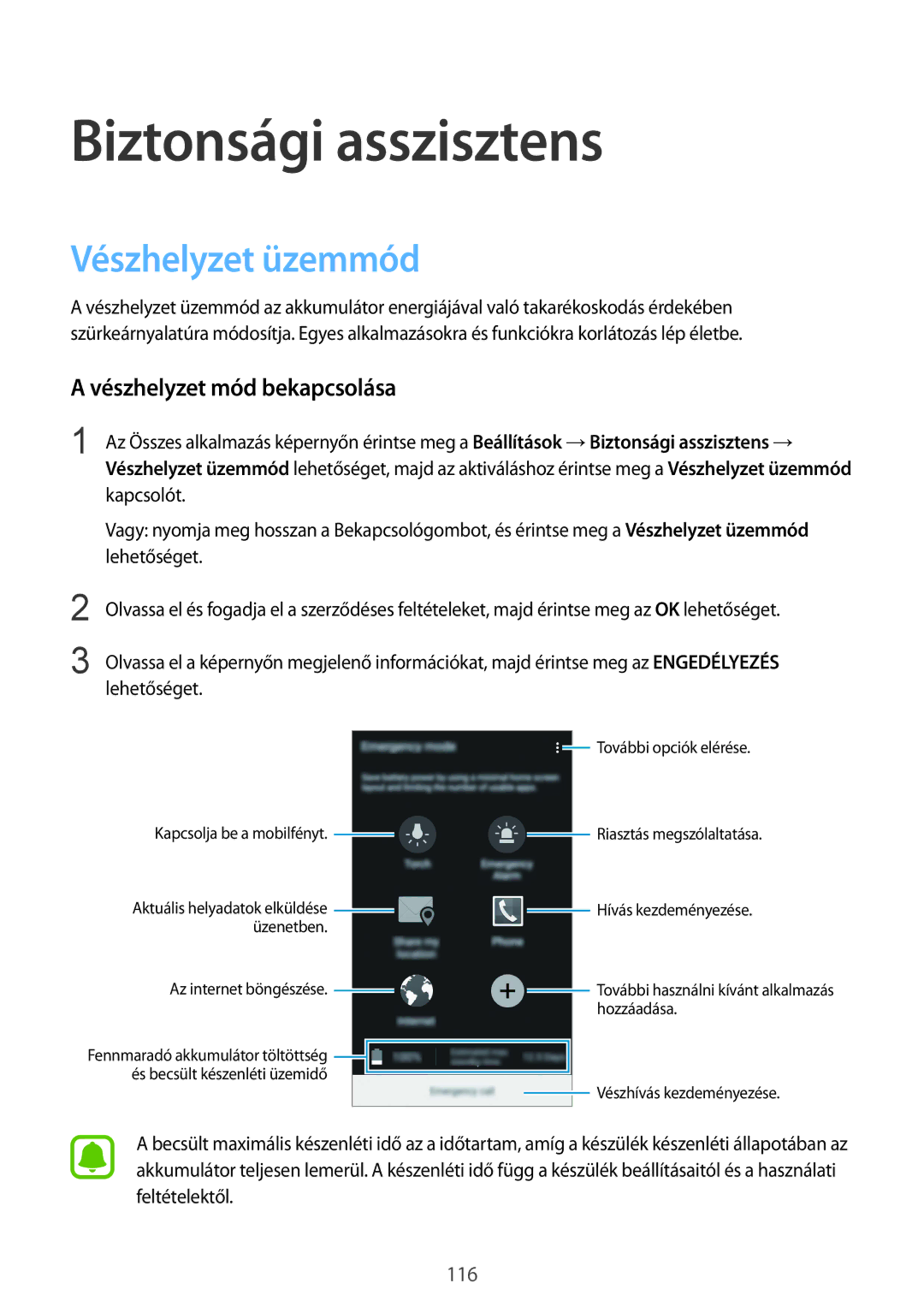 Samsung SM-N915FZKYXEH, SM-N915FZWYEUR manual Biztonsági asszisztens, Vészhelyzet üzemmód, Vészhelyzet mód bekapcsolása 