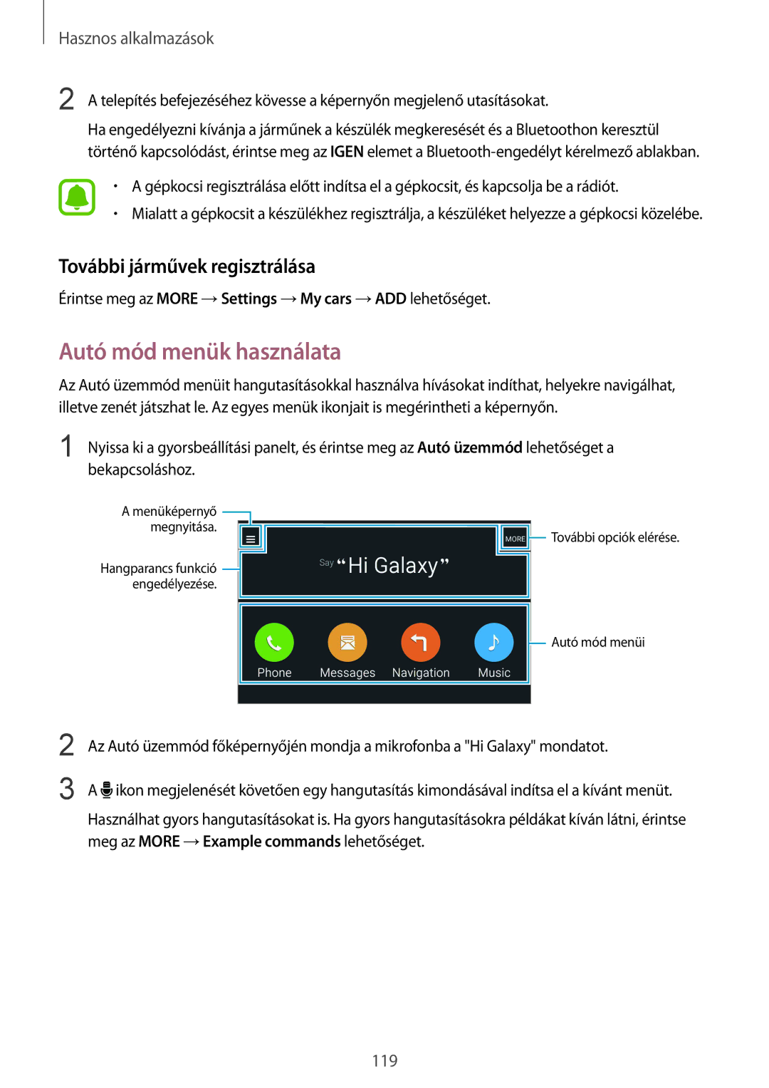 Samsung SM-N915FZWYXEO, SM-N915FZWYEUR, SM-N915FZKYATO manual Autó mód menük használata, További járművek regisztrálása 