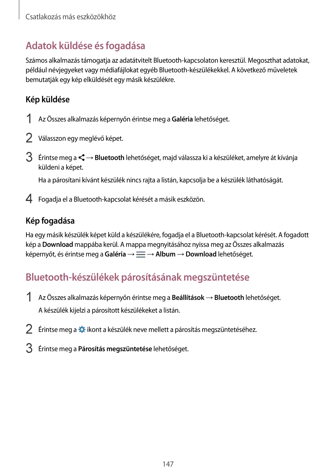 Samsung SM-N915FZWYATO manual Adatok küldése és fogadása, Bluetooth-készülékek párosításának megszüntetése, Kép küldése 