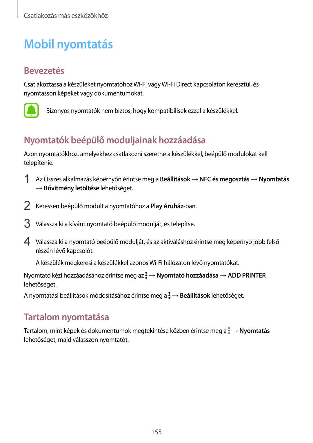 Samsung SM-N915FZKYXEH, SM-N915FZWYEUR manual Mobil nyomtatás, Nyomtatók beépülő moduljainak hozzáadása, Tartalom nyomtatása 