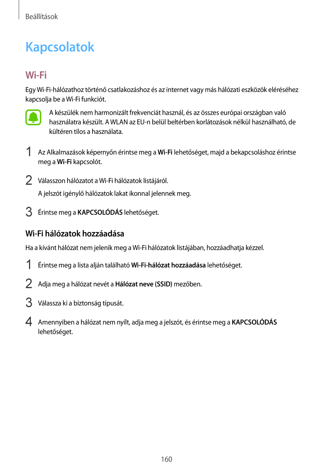 Samsung SM-N915FZWYATO, SM-N915FZWYEUR, SM-N915FZKYATO, SM-N915FZWYXEO manual Kapcsolatok, Wi-Fi hálózatok hozzáadása 