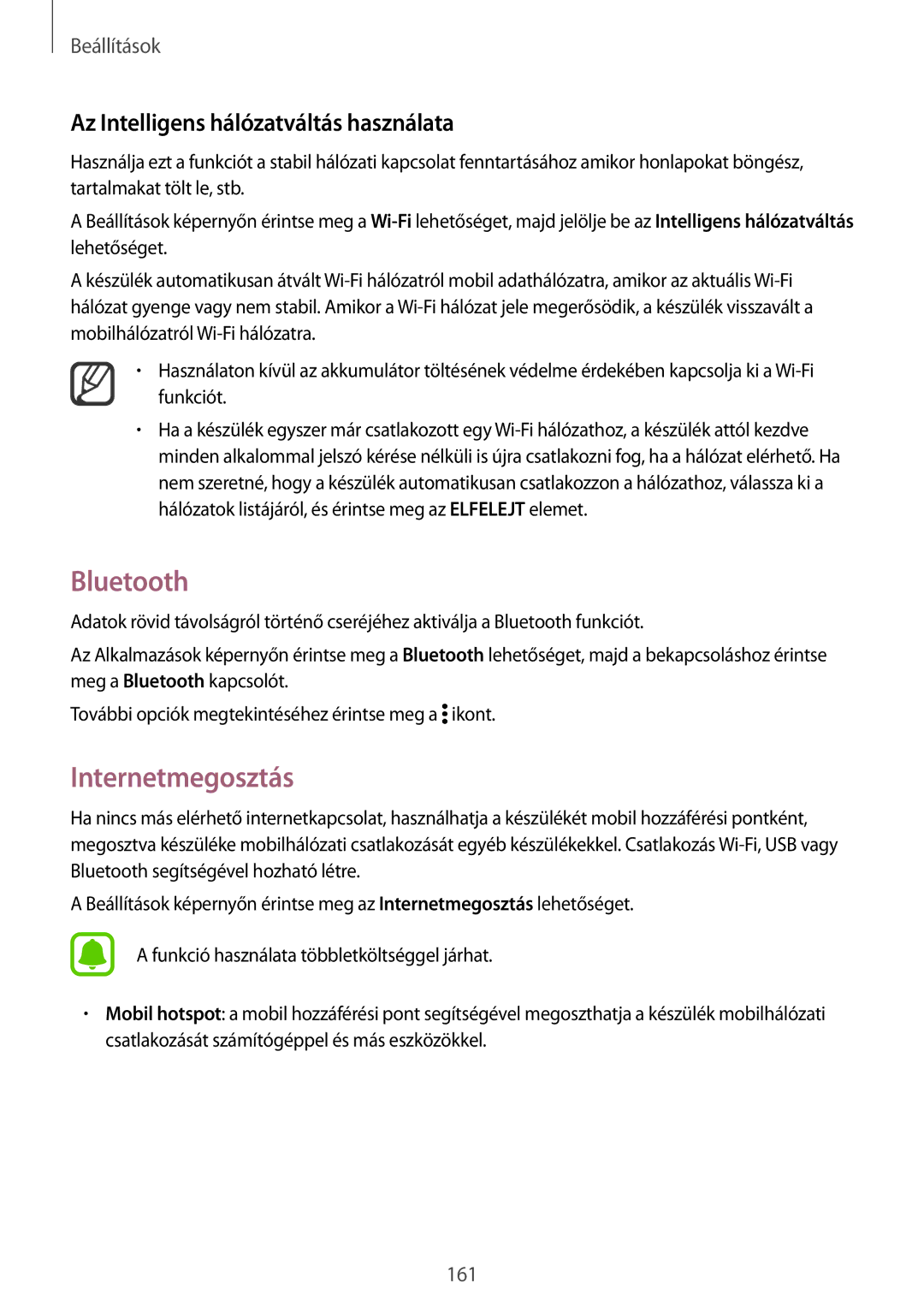 Samsung SM-N915FZKYXEO, SM-N915FZWYEUR manual Bluetooth, Internetmegosztás, Az Intelligens hálózatváltás használata 