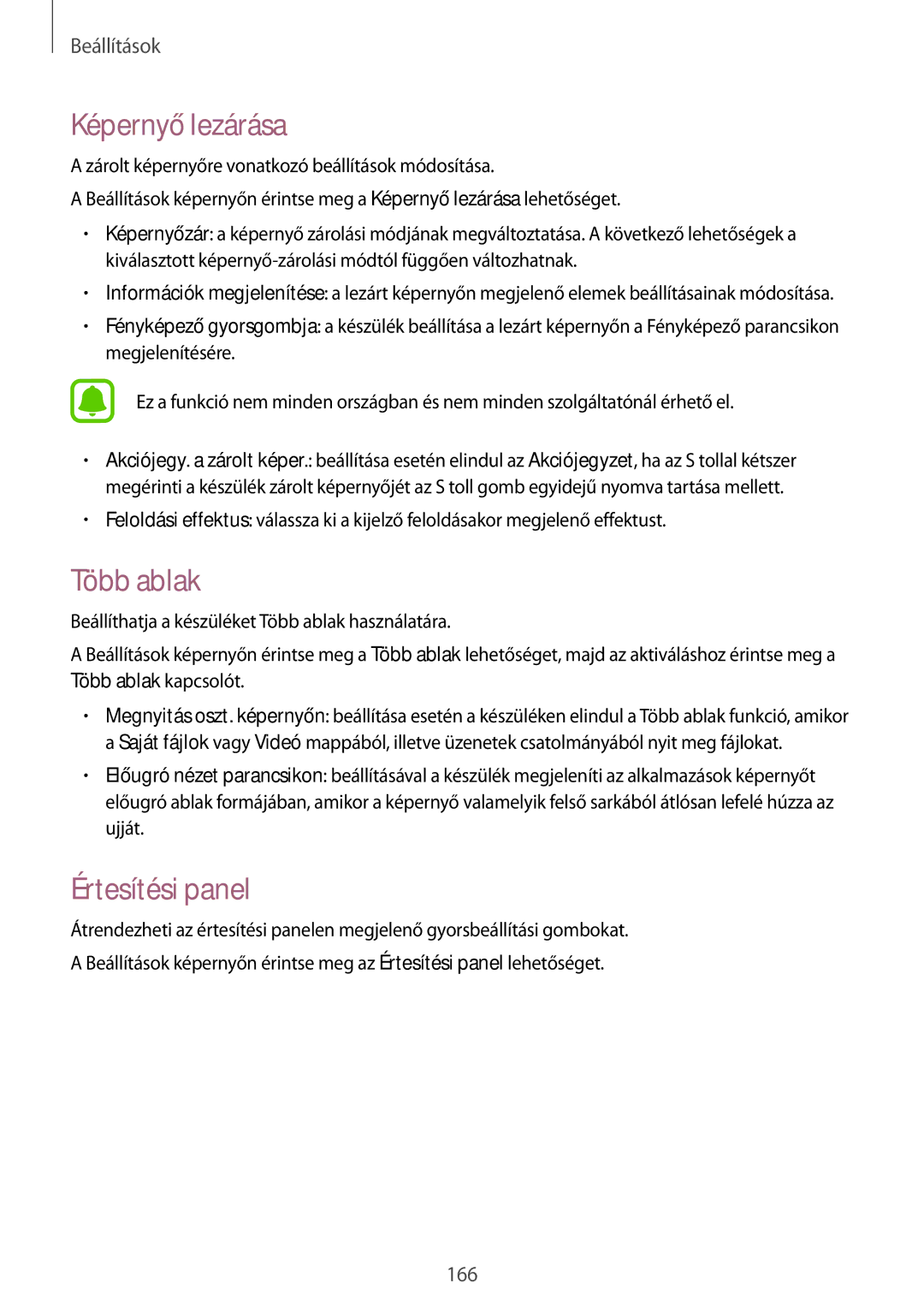 Samsung SM-N915FZWYAUT, SM-N915FZWYEUR, SM-N915FZKYATO, SM-N915FZWYXEO manual Képernyő lezárása, Több ablak, Értesítési panel 