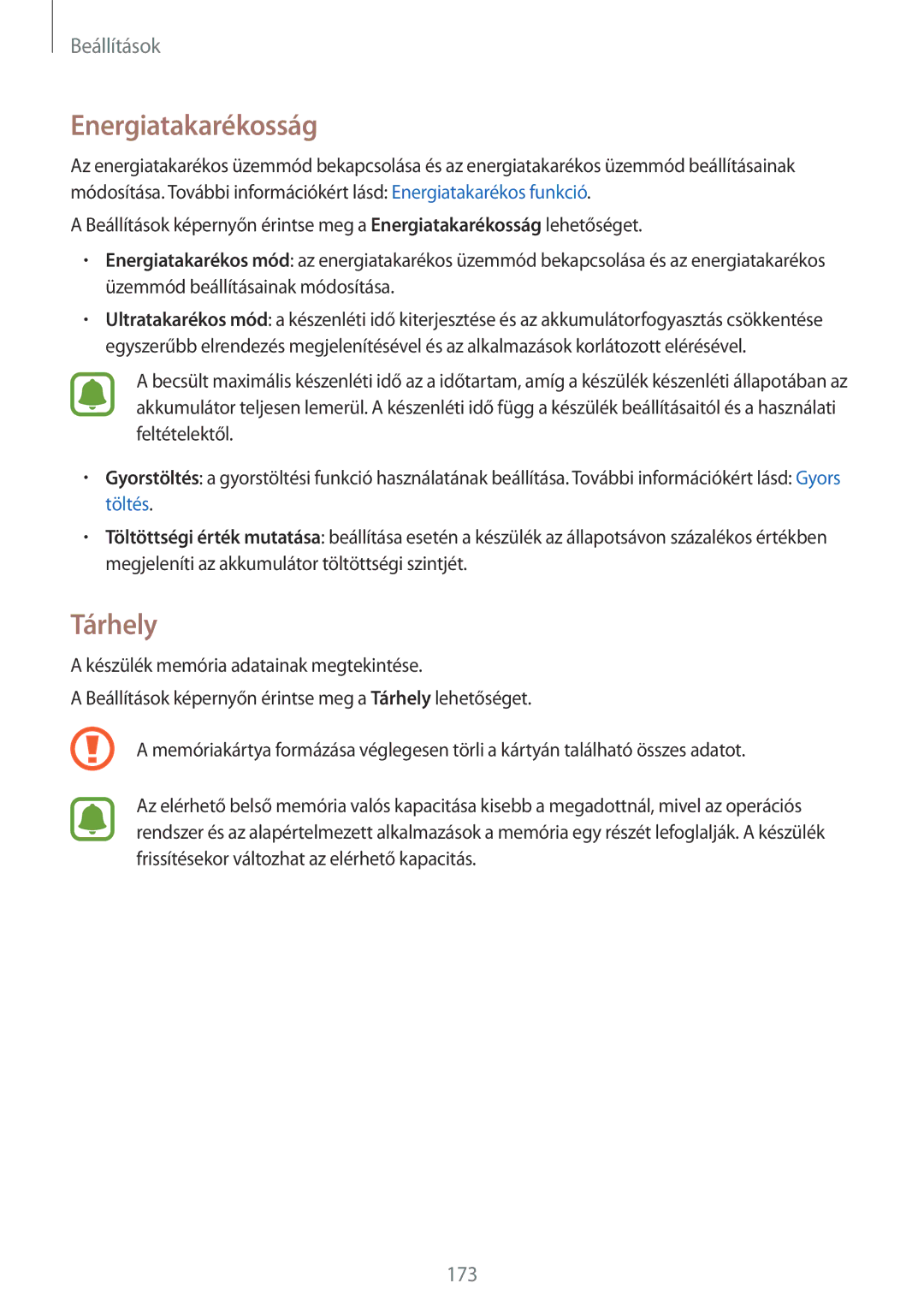 Samsung SM-N915FZWYATO, SM-N915FZWYEUR, SM-N915FZKYATO, SM-N915FZWYXEO, SM-N915FZKYEUR manual Energiatakarékosság, Tárhely 