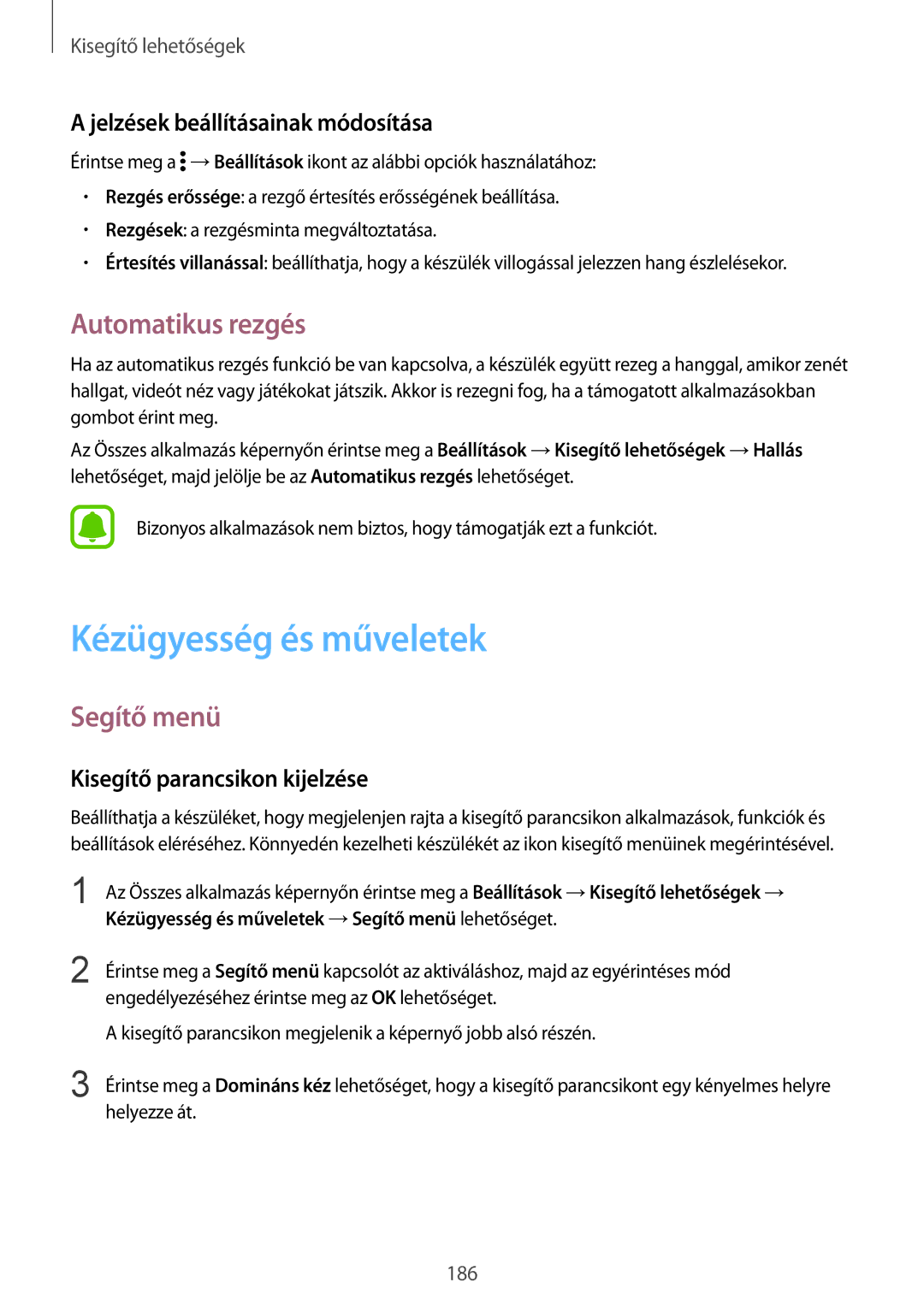 Samsung SM-N915FZWYATO manual Kézügyesség és műveletek, Automatikus rezgés, Segítő menü, Jelzések beállításainak módosítása 