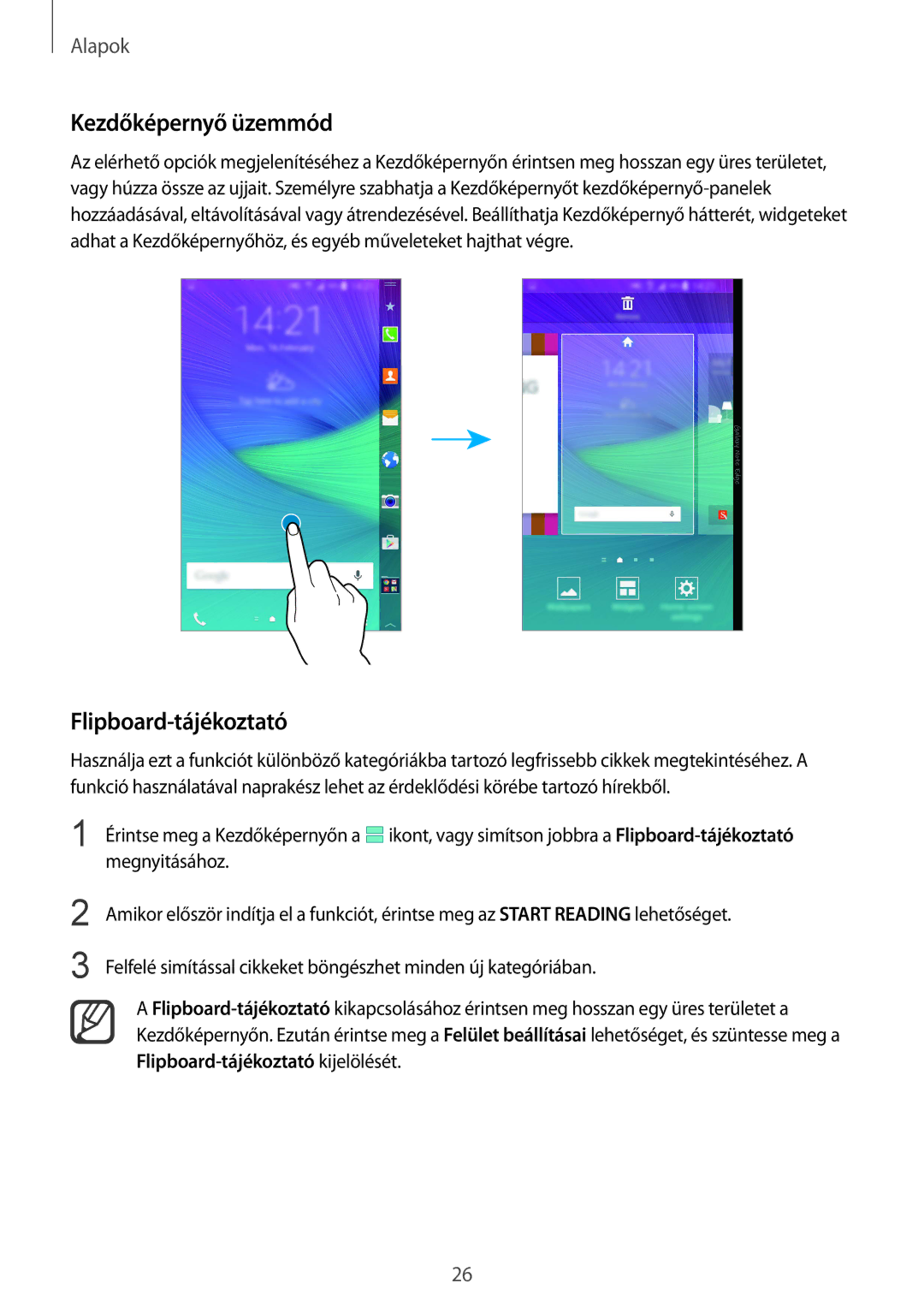 Samsung SM-N915FZWYEUR, SM-N915FZKYATO, SM-N915FZWYXEO, SM-N915FZKYEUR manual Kezdőképernyő üzemmód, Flipboard-tájékoztató 