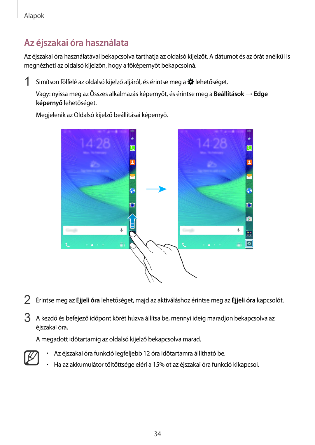 Samsung SM-N915FZWYORX, SM-N915FZWYEUR, SM-N915FZKYATO, SM-N915FZWYXEO, SM-N915FZKYEUR manual Az éjszakai óra használata 