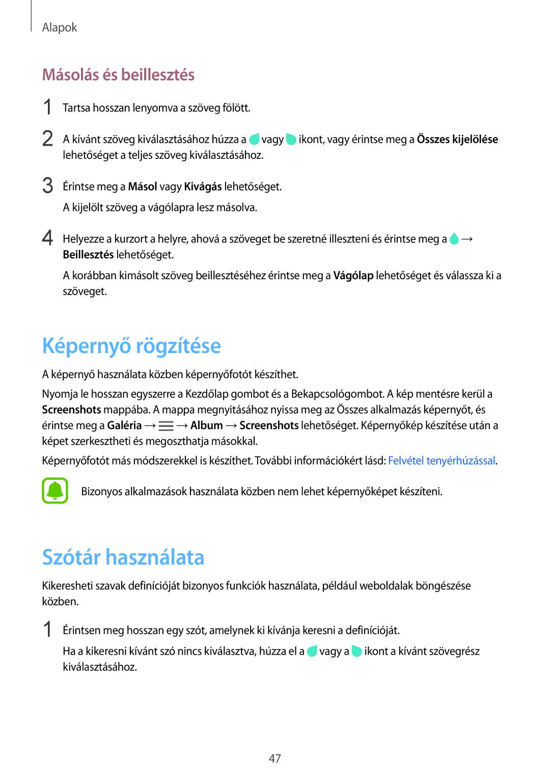 Samsung SM-N915FZWYORX, SM-N915FZWYEUR, SM-N915FZKYATO manual Képernyő rögzítése, Szótár használata, Másolás és beillesztés 