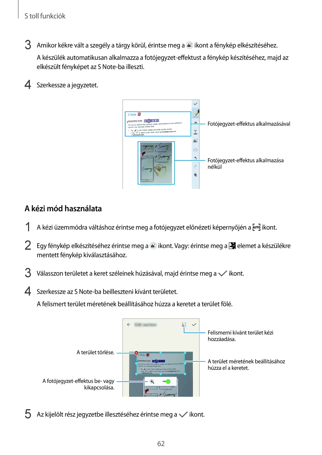 Samsung SM-N915FZWYAUT, SM-N915FZWYEUR manual Kézi mód használata, Felismerni kívánt terület kézi hozzáadása Terület törlése 