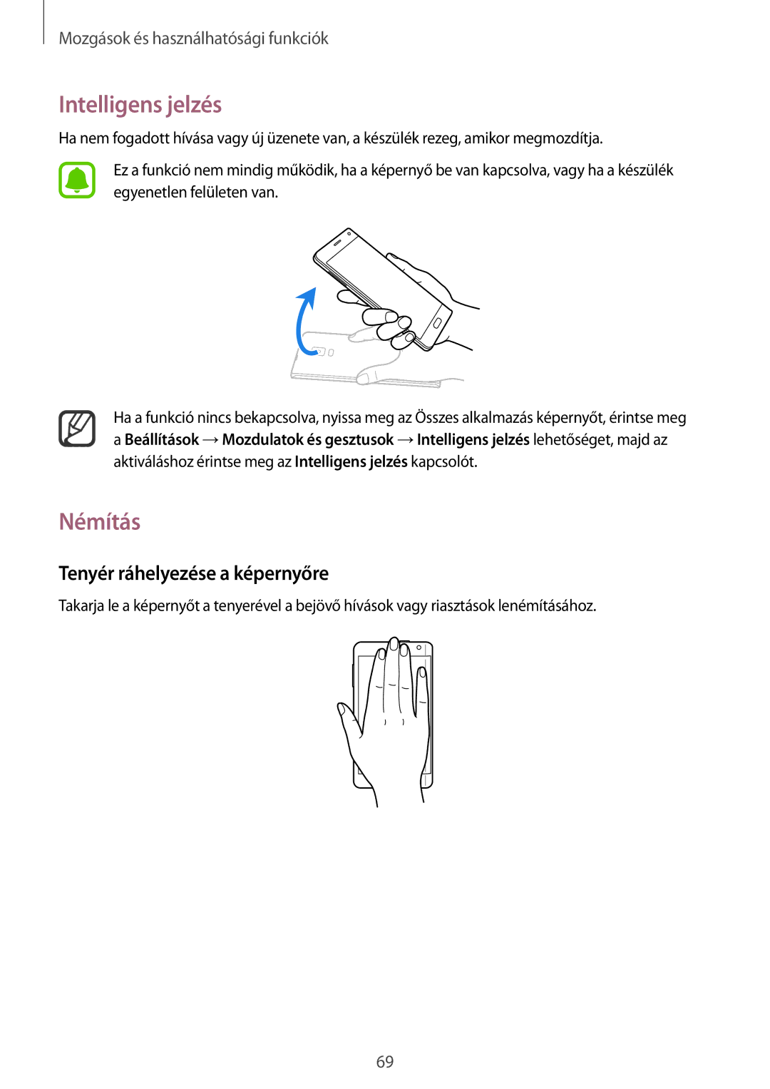 Samsung SM-N915FZWYATO, SM-N915FZWYEUR, SM-N915FZKYATO manual Intelligens jelzés, Némítás, Tenyér ráhelyezése a képernyőre 