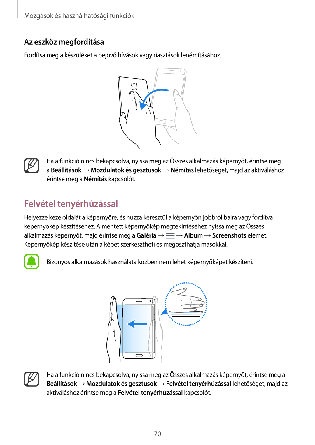 Samsung SM-N915FZKYXEO, SM-N915FZWYEUR, SM-N915FZKYATO, SM-N915FZWYXEO manual Felvétel tenyérhúzással, Az eszköz megfordítása 