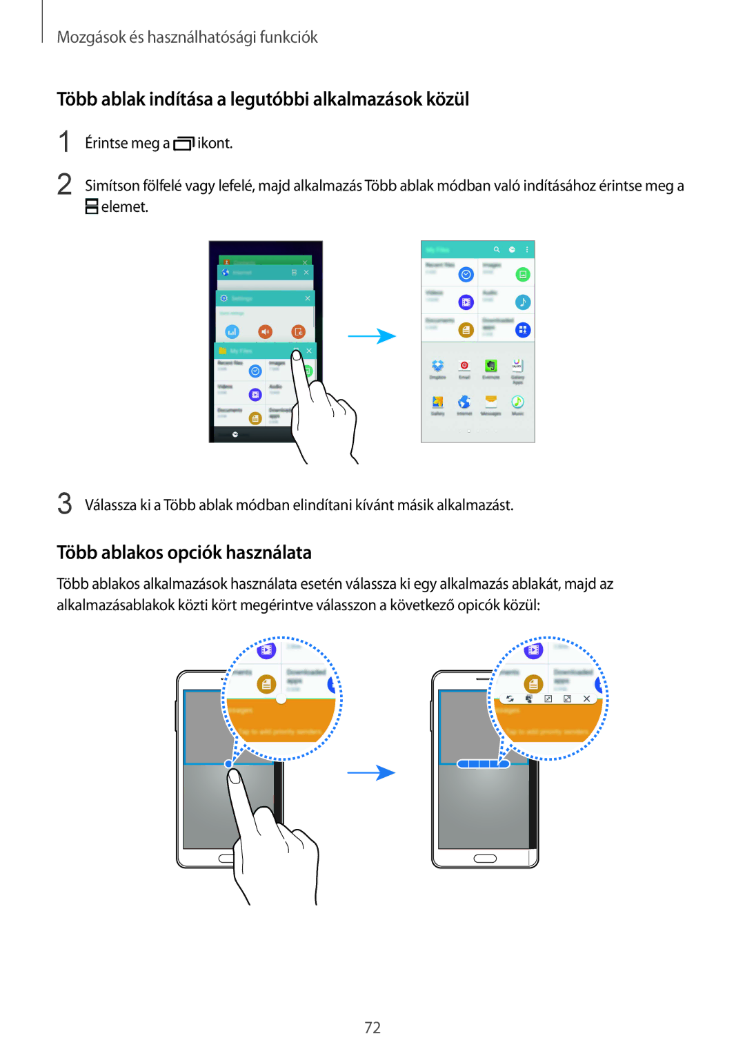 Samsung SM-N915FZWYXEH, SM-N915FZWYEUR Több ablak indítása a legutóbbi alkalmazások közül, Több ablakos opciók használata 