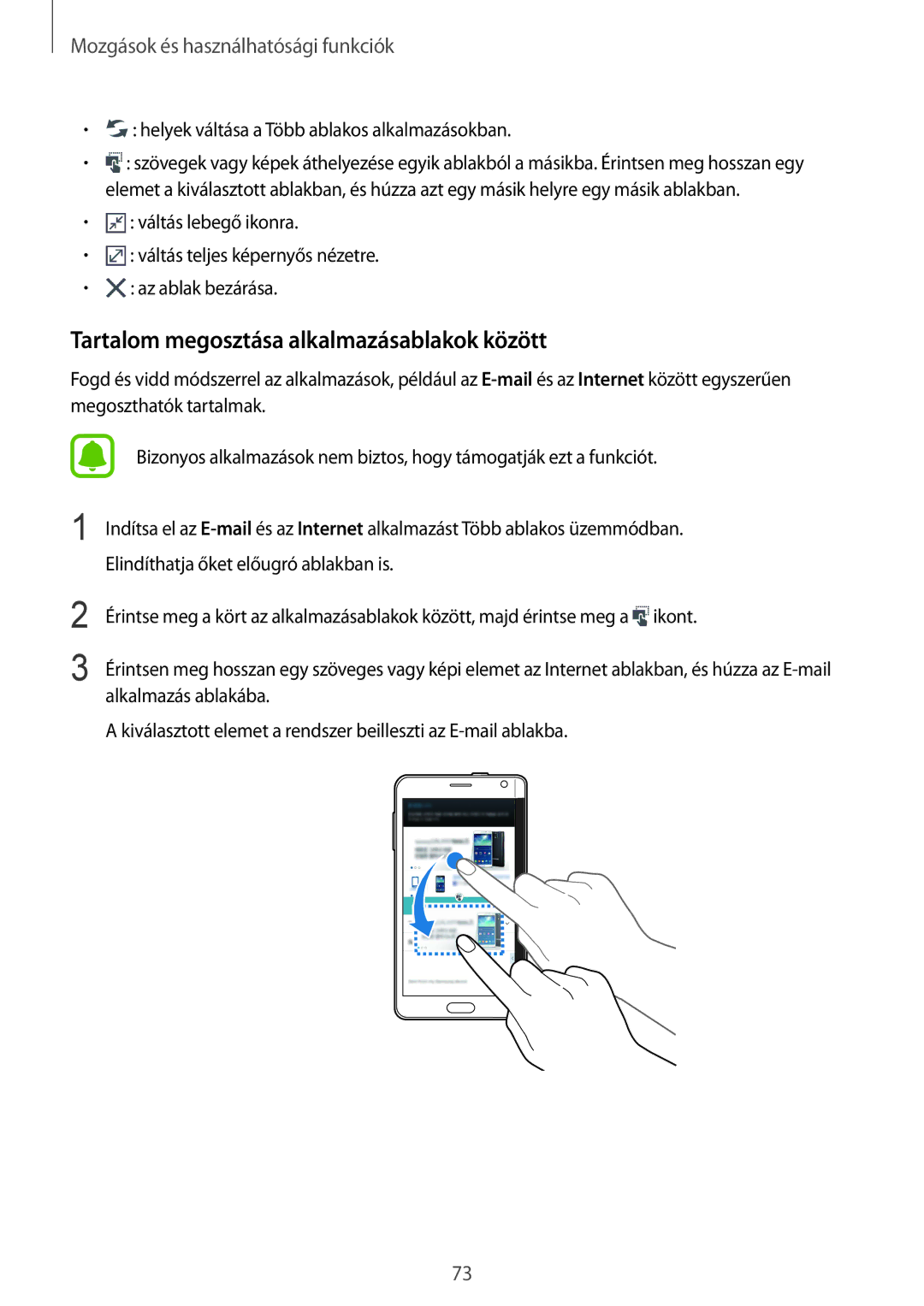 Samsung SM-N915FZWYORX manual Tartalom megosztása alkalmazásablakok között, Helyek váltása a Több ablakos alkalmazásokban 