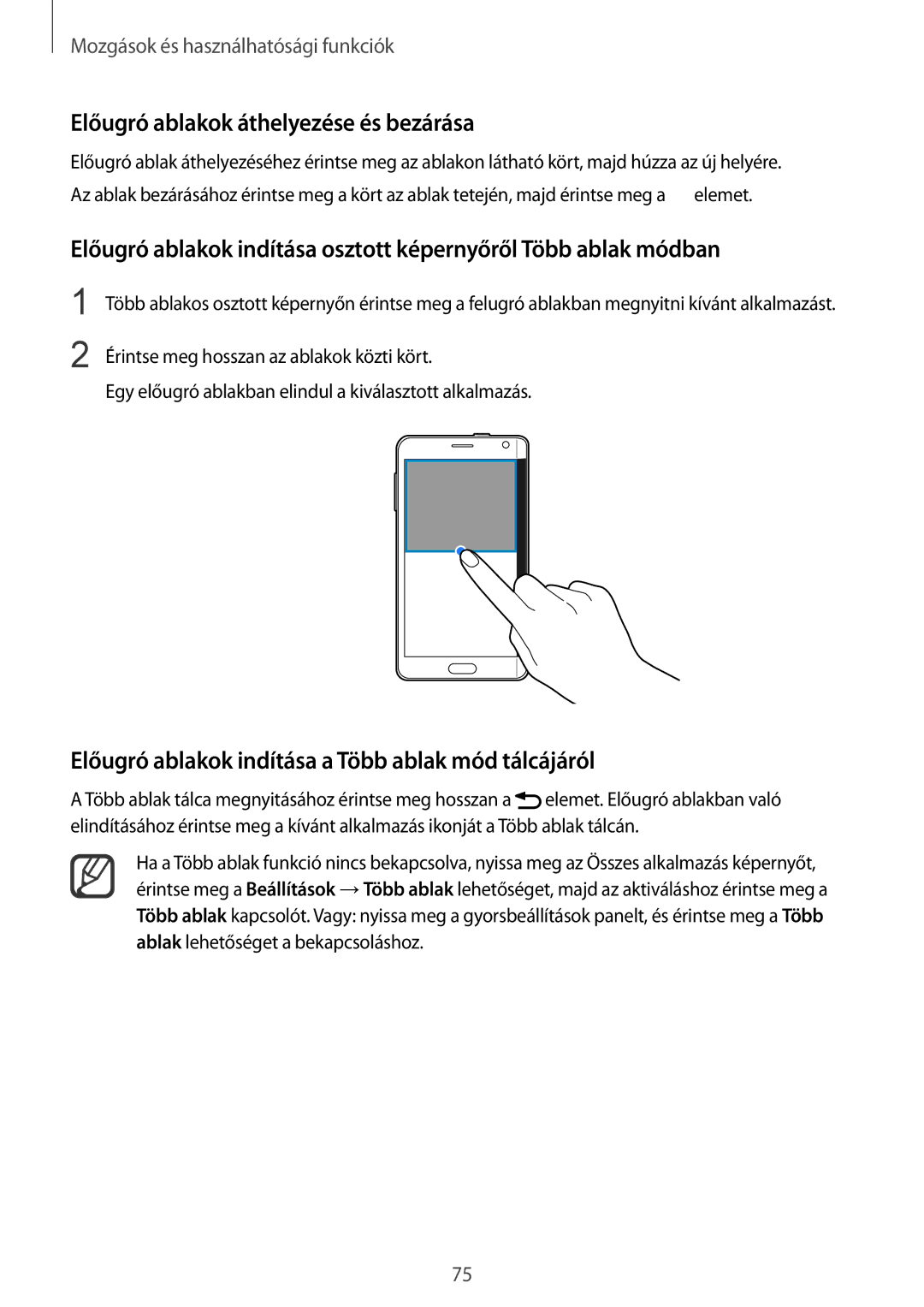 Samsung SM-N915FZWYAUT manual Előugró ablakok áthelyezése és bezárása, Előugró ablakok indítása a Több ablak mód tálcájáról 