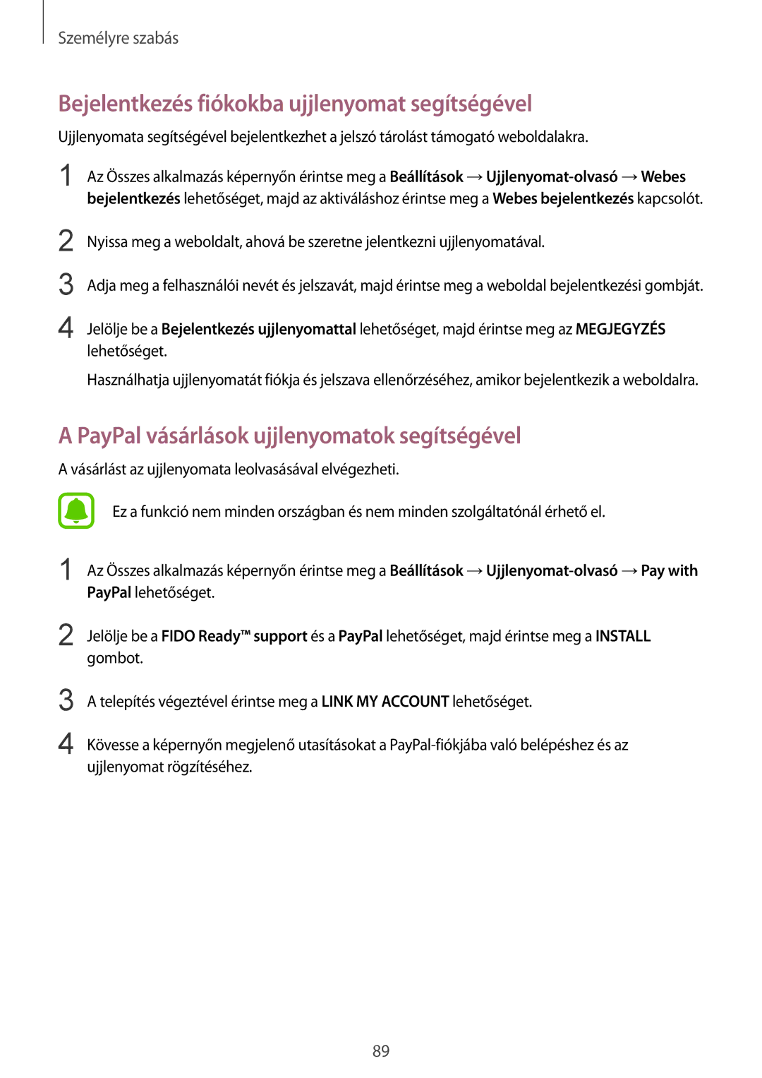 Samsung SM-N915FZKYETL manual Bejelentkezés fiókokba ujjlenyomat segítségével, PayPal vásárlások ujjlenyomatok segítségével 