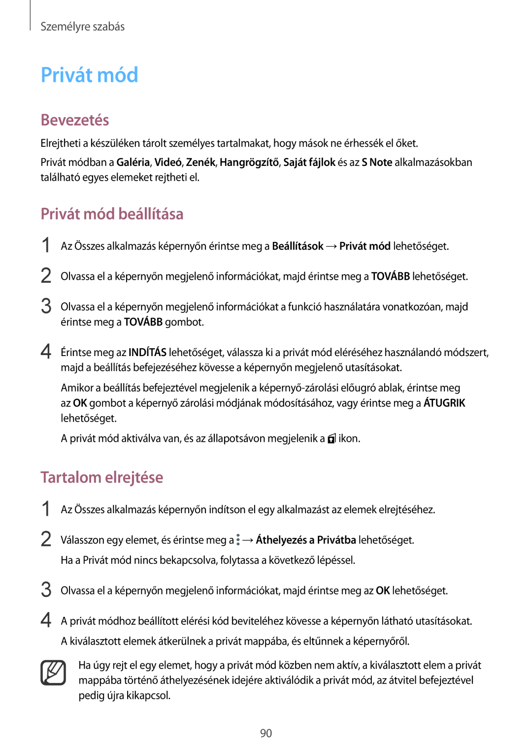 Samsung SM-N915FZKYXEH, SM-N915FZWYEUR, SM-N915FZKYATO, SM-N915FZWYXEO manual Privát mód beállítása, Tartalom elrejtése 