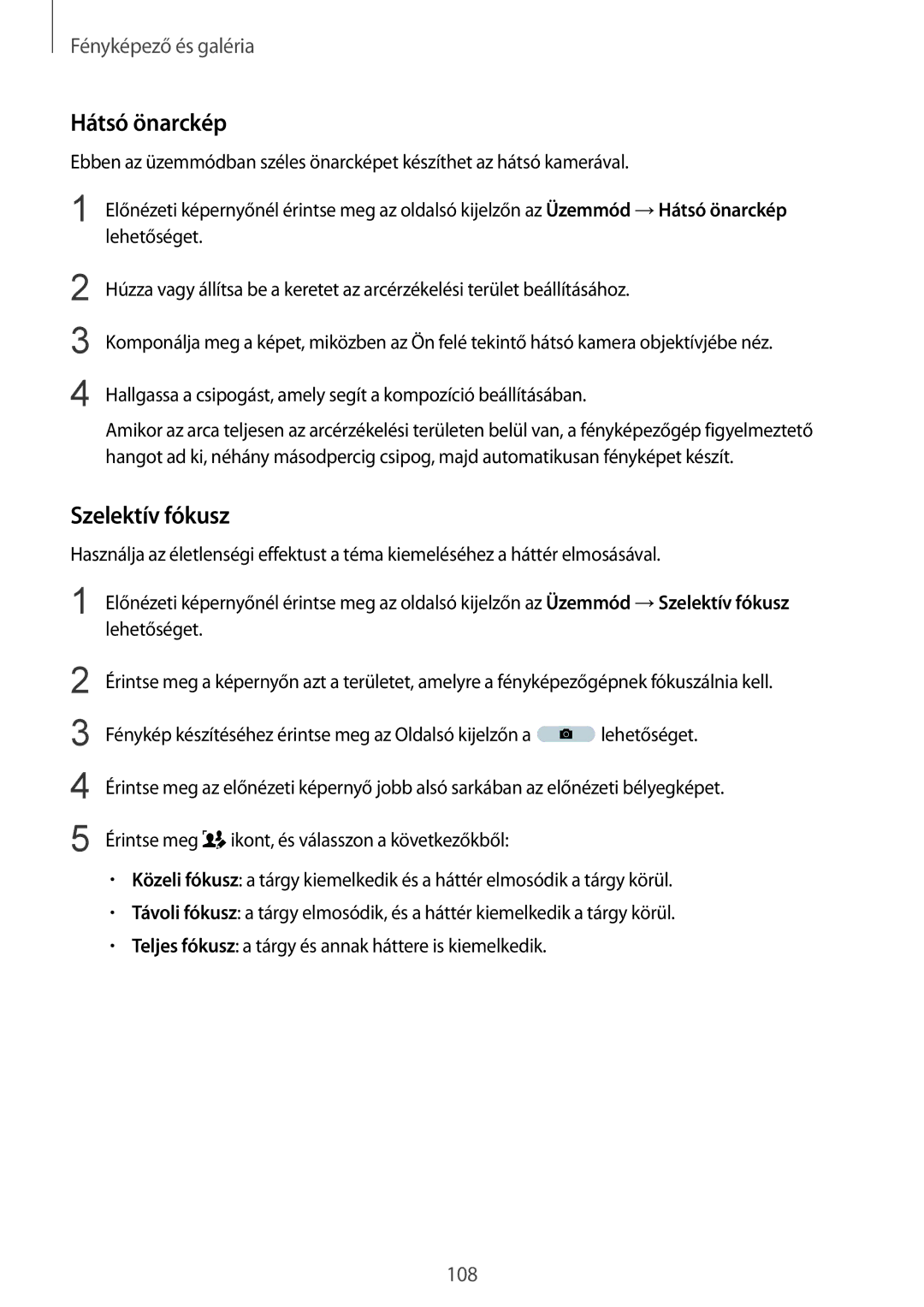 Samsung SM-N915FZWYATO, SM-N915FZWYEUR, SM-N915FZKYATO, SM-N915FZWYXEO, SM-N915FZKYEUR manual Hátsó önarckép, Szelektív fókusz 