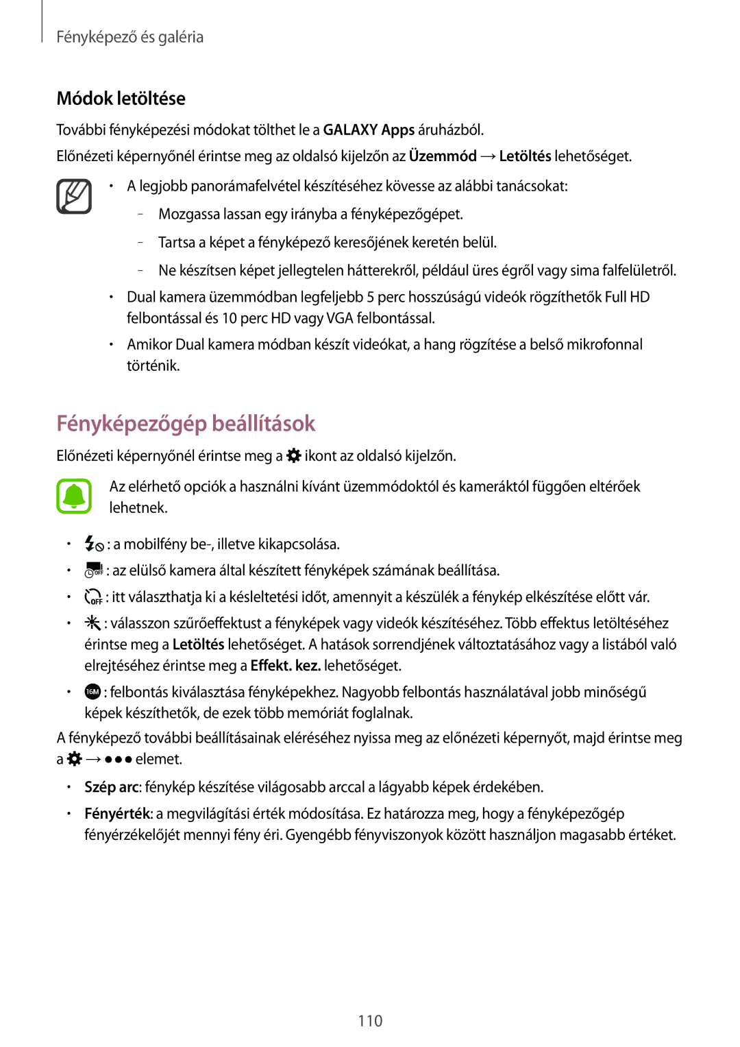 Samsung SM-N915FZKYAUT, SM-N915FZWYEUR, SM-N915FZKYATO, SM-N915FZWYXEO manual Fényképezőgép beállítások, Módok letöltése 