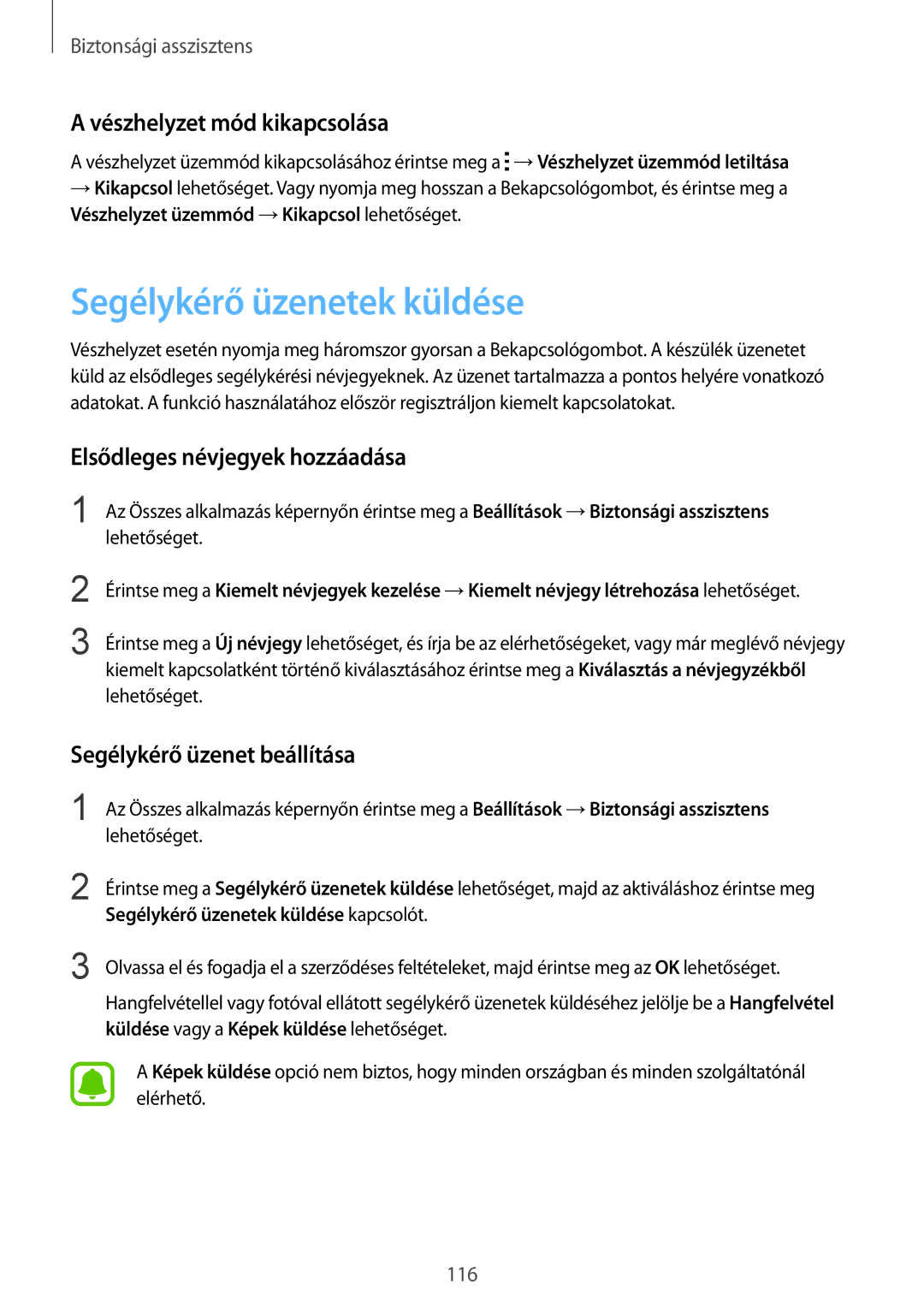 Samsung SM-N915FZKYXEH manual Segélykérő üzenetek küldése, Vészhelyzet mód kikapcsolása, Elsődleges névjegyek hozzáadása 