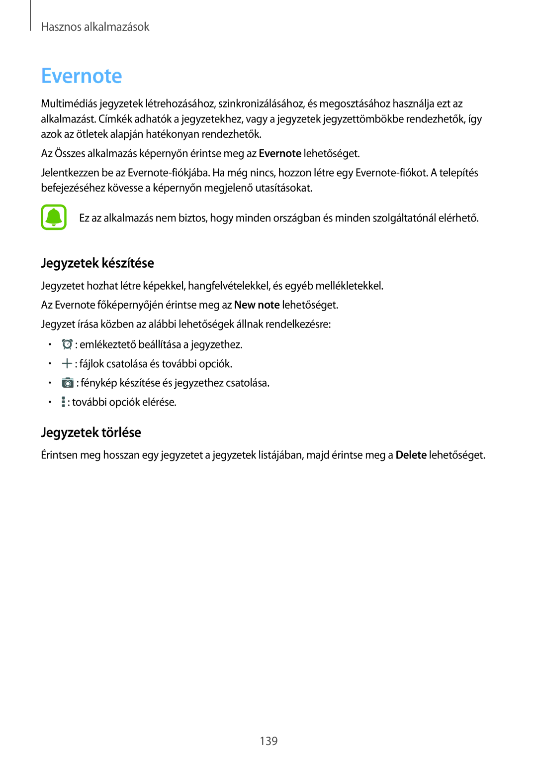 Samsung SM-N915FZKYORX, SM-N915FZWYEUR, SM-N915FZKYATO, SM-N915FZWYXEO manual Evernote, Jegyzetek készítése, Jegyzetek törlése 